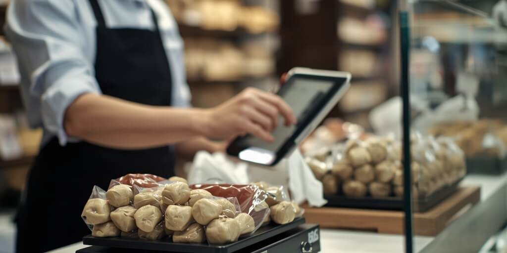 lucid-origin_Modern_delicatessen_counter_employee_weighing_packaged_food_on_an_unbranded_elec-0