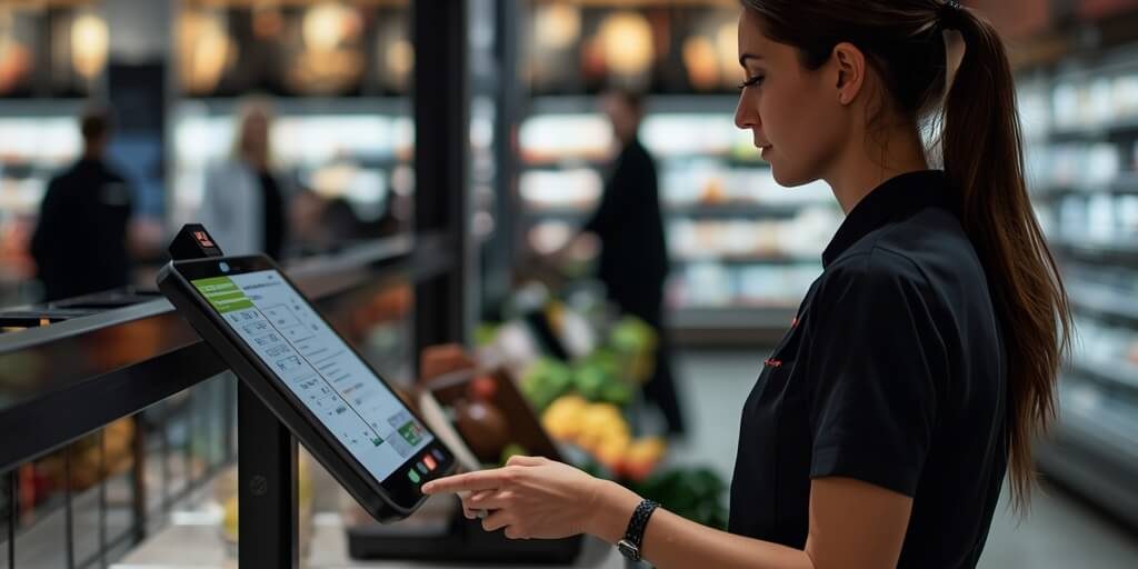 lucid-origin_Smart_retail_technology_concept_grocery_store_employee_using_a_modern_digital_sc-0